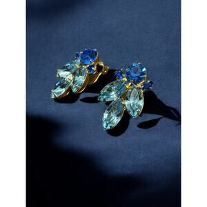 Vintage 50s Blue Cocktail Clip Earring Pear Shape Turquoise Cut Glass Rhinestone